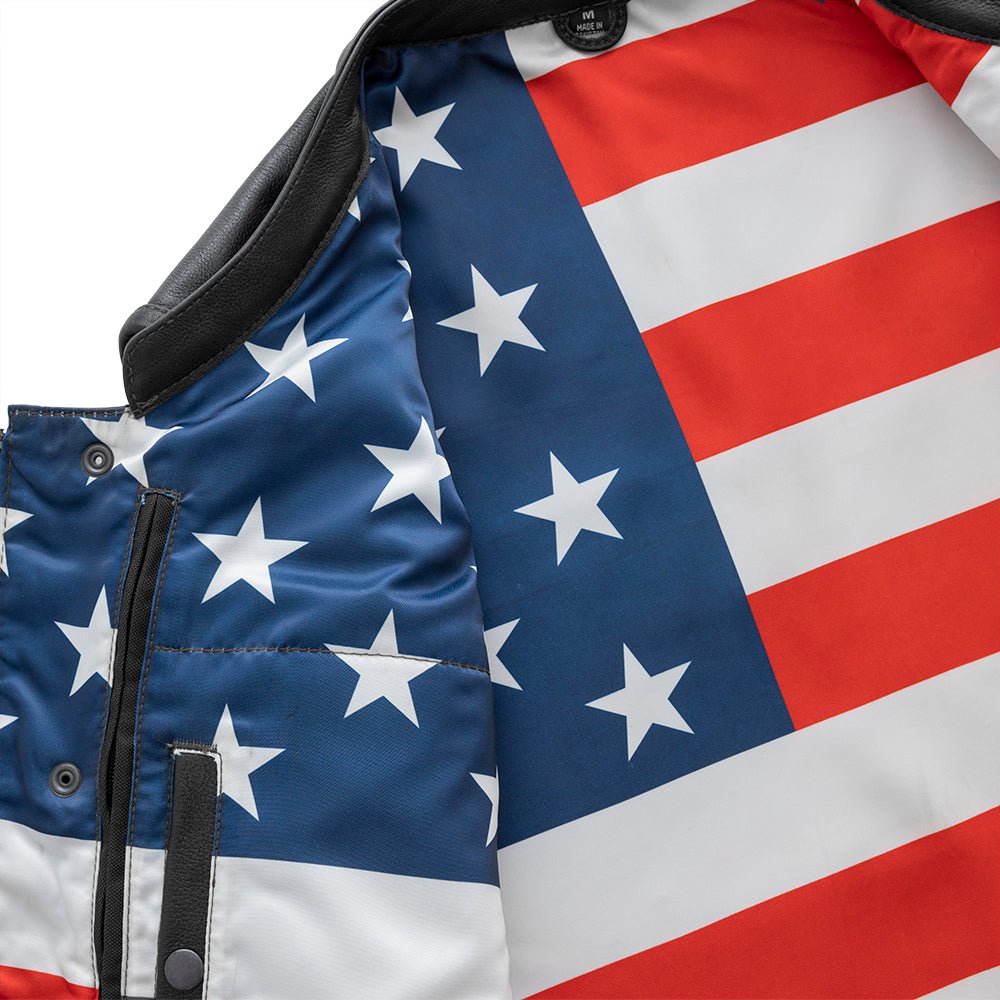 Men's Club Style Leather Motorcycle Vest - "Born Free" with American Flag Lining and black stitching
