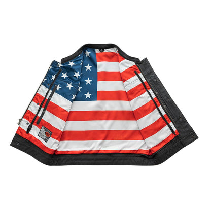 Men's Club Style Leather Motorcycle Vest - "Born Free" with American Flag Lining and black stitching