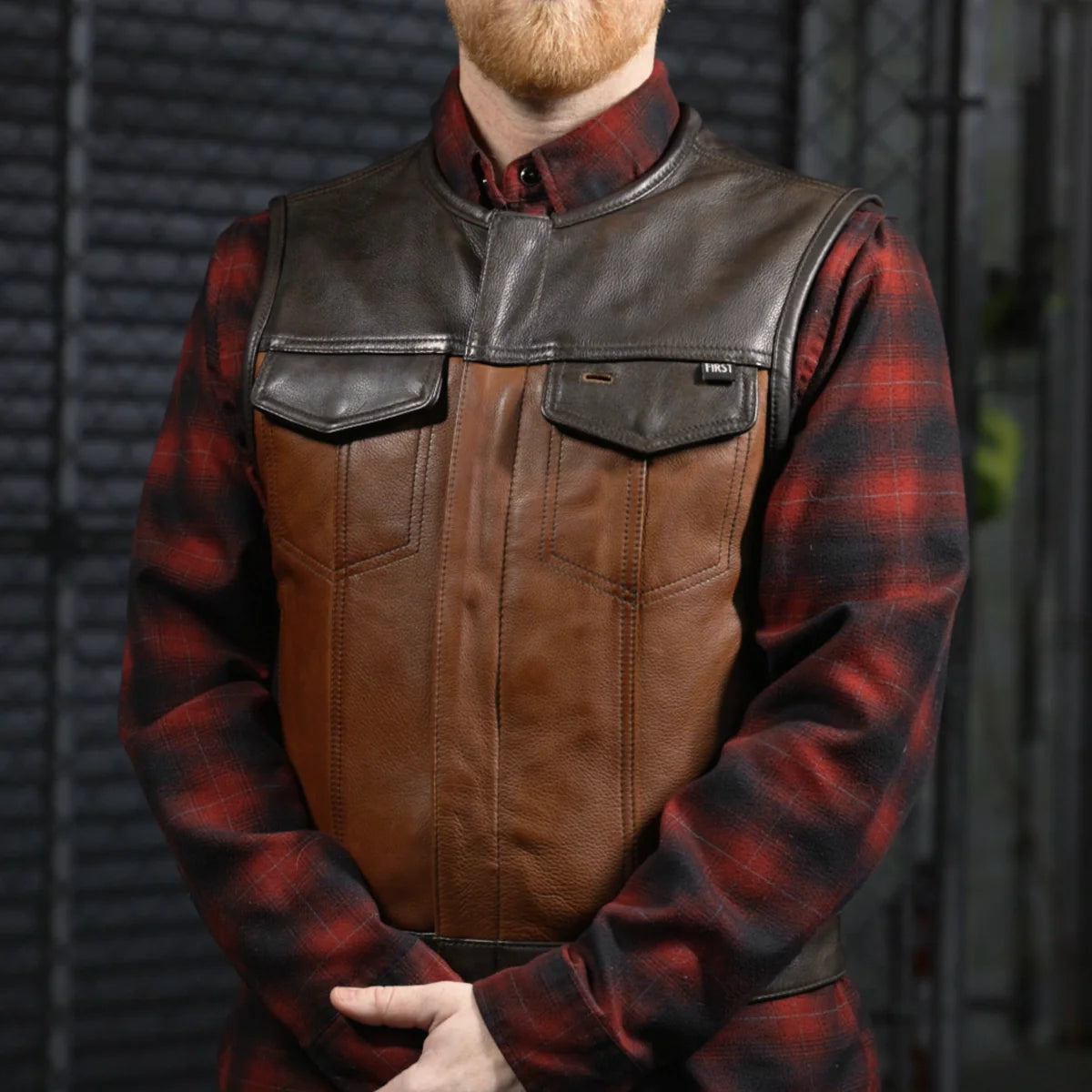 Men's Club Style Leather Motorcycle Vest- "Lowside" two-tone