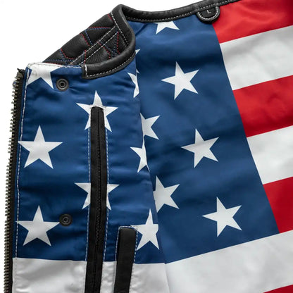 Men's Club Style Leather Motorcycle Vest- "Captain" with American Flag lining