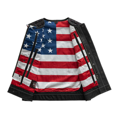 Men's Club Style Leather Motorcycle Vest- "Captain" with American Flag lining