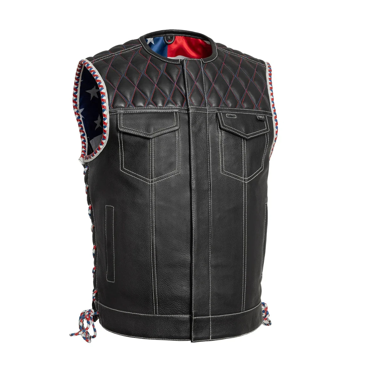 Men's Club Style Leather Motorcycle Vest- "Captain" with American Flag lining