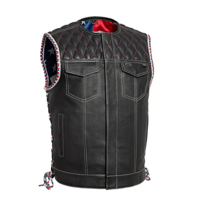Men's Club Style Leather Motorcycle Vest- "Captain" with American Flag lining