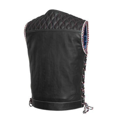 Men's Club Style Leather Motorcycle Vest- "Captain" with American Flag lining