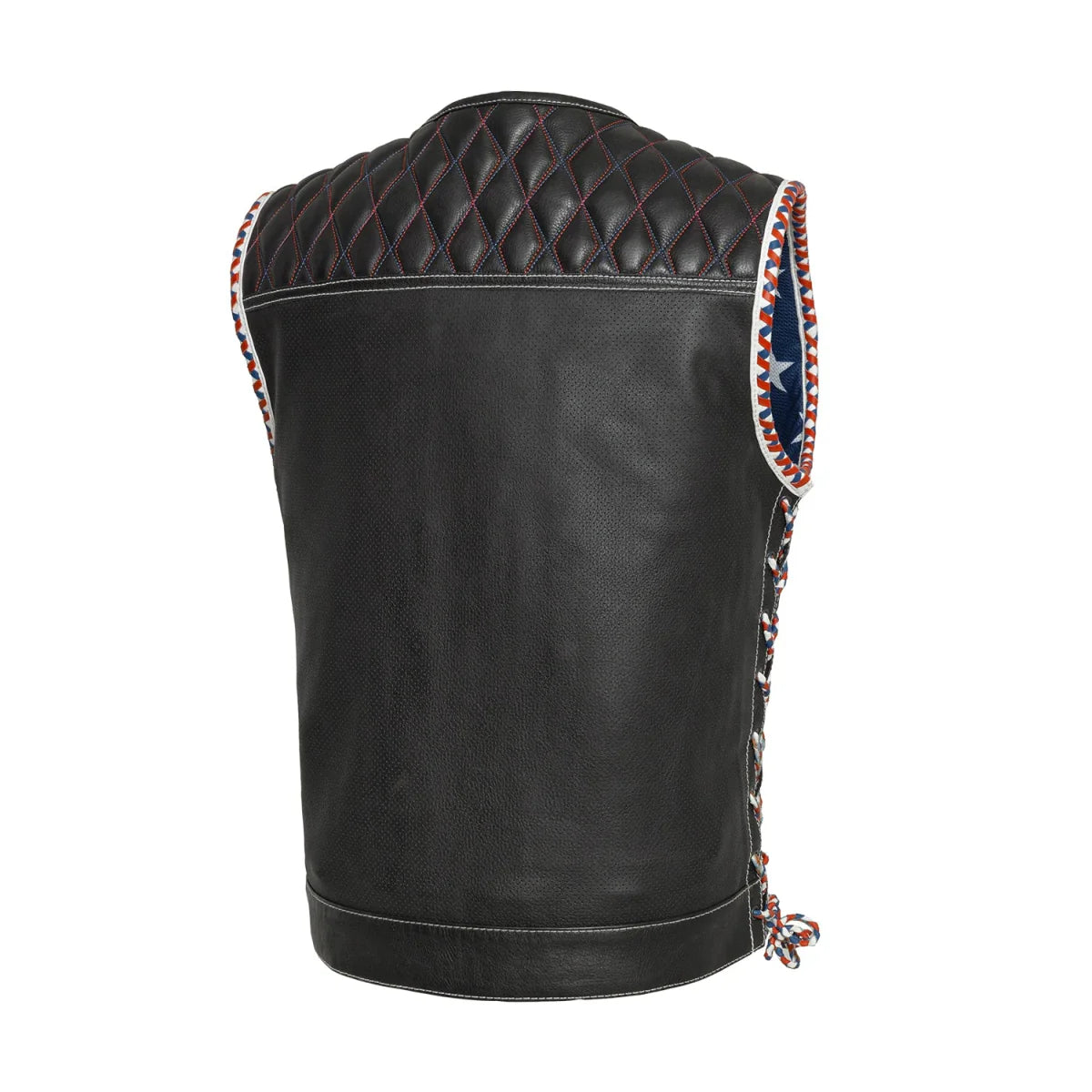 Men's Club Style Perforated Leather Motorcycle Vest- "Captain" with American Flag Lining