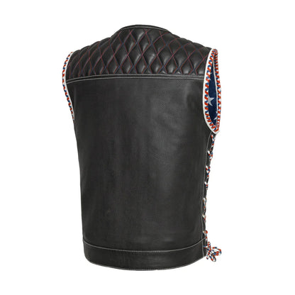 Men's Club Style Perforated Leather Motorcycle Vest- "Captain" with American Flag Lining