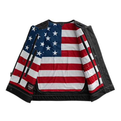 Men's Club Style Perforated Leather Motorcycle Vest- "Captain" with American Flag Lining