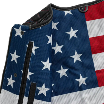 Men's Club Style Perforated Leather Motorcycle Vest- "Captain" with American Flag Lining