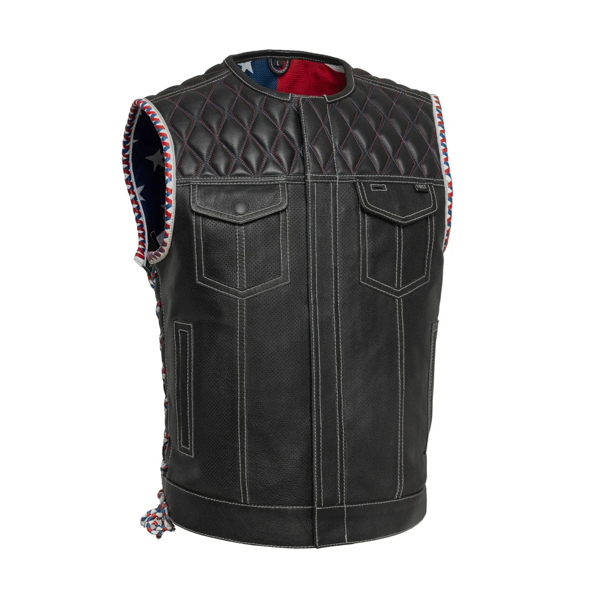 Men's Club Style Perforated Leather Motorcycle Vest- "Captain" with American Flag Lining