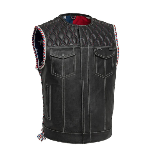 Men's Club Style Perforated Leather Motorcycle Vest- "Captain" with American Flag Lining