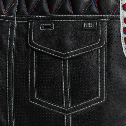 Men's Club Style Perforated Leather Motorcycle Vest- "Captain" with American Flag Lining