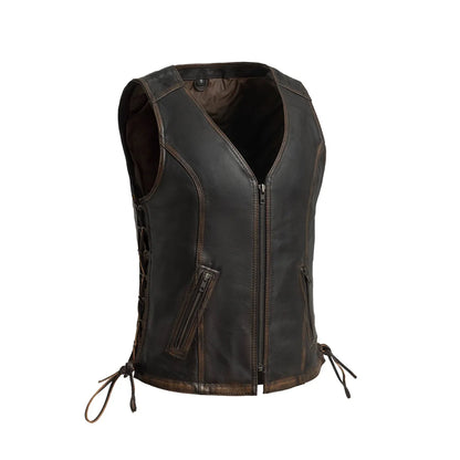 Women's Western Style Distressed Brown Leather Vest- "Cindy"