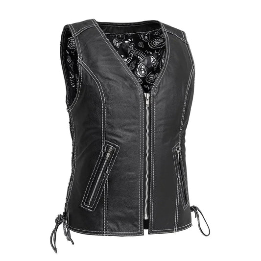 Women's "Cindy" Motorcycle Leather Vest Black
