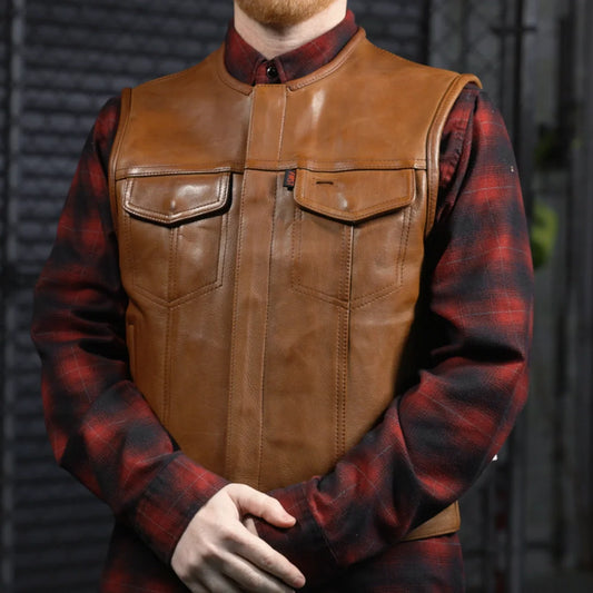 Men's Club Style Leather Motorcycle Vest- "Lowside" in Cognac