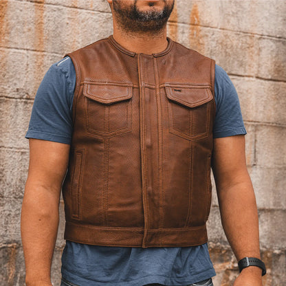 Men's Perforated Club Style Leather Motorcycle Vest- "Lowside" in Cognac