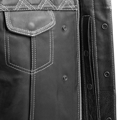 Men's Club Style Leather Motorcycle Vest- Green stitching with Green Paisley lining