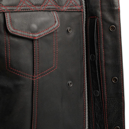 Men's Club Style Leather Motorcycle Vest- Green stitching with Green Paisley lining
