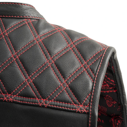 Men's Club Style Leather Motorcycle Vest- Green stitching with Green Paisley lining