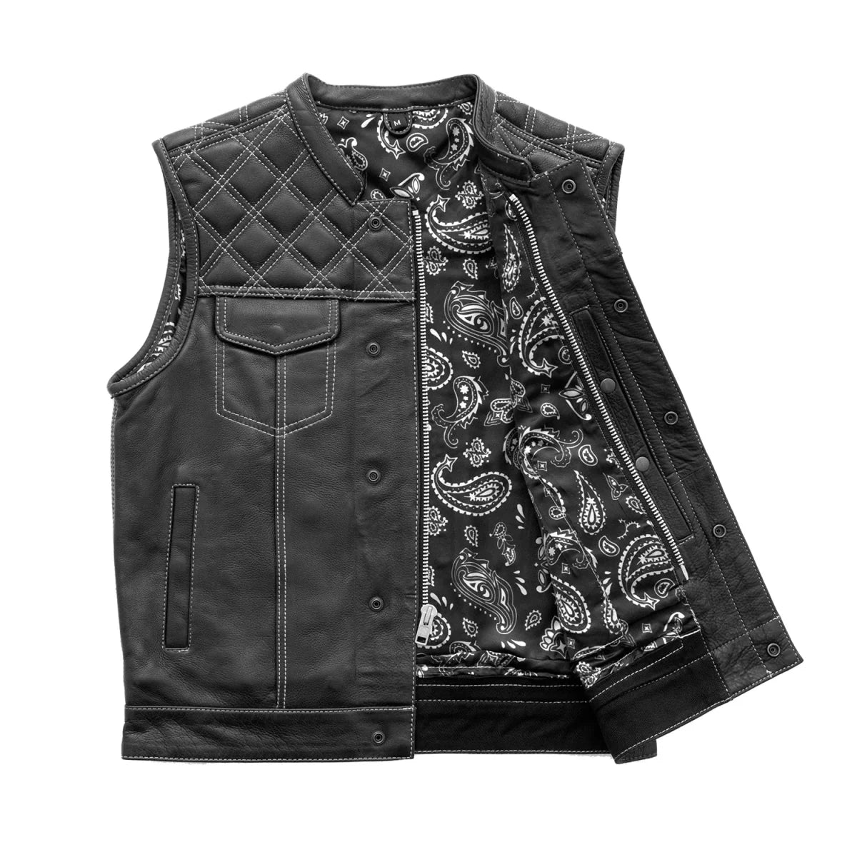 Men's Club Style Leather Motorcycle Vest- Green stitching with Green Paisley lining