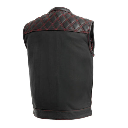 Men's Club Style Leather Motorcycle Vest- Green stitching with Green Paisley lining