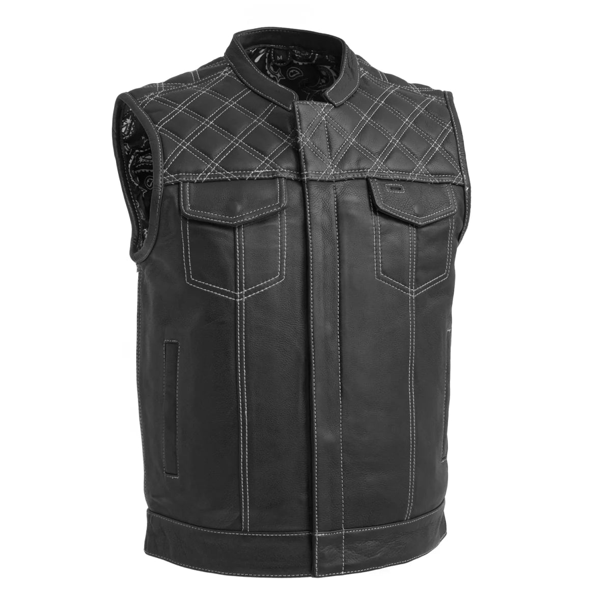 Men's Club Style Leather Motorcycle Vest- Green stitching with Green Paisley lining