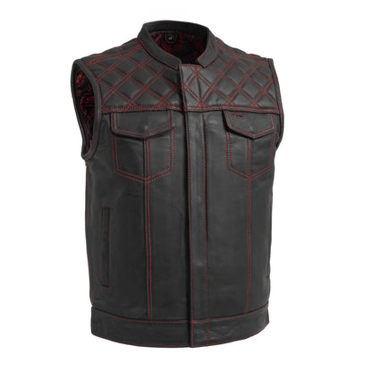 Men's Club Style Leather Motorcycle Vest- Green stitching with Green Paisley lining