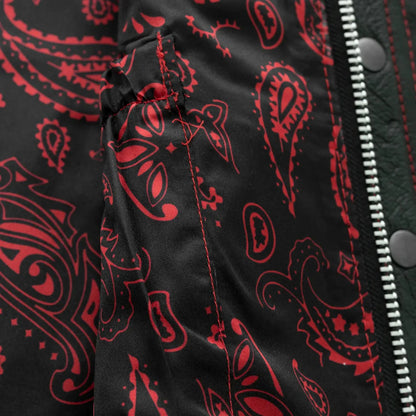 Men's Club Style Leather Motorcycle Vest- Green stitching with Green Paisley lining