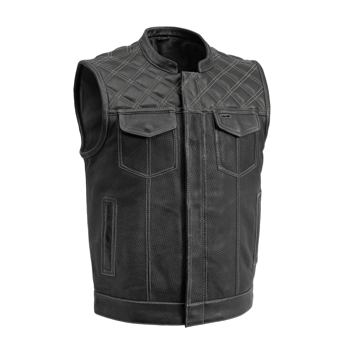 Men's Perforated Club Style Leather Motorcycle Vest- "Downside"