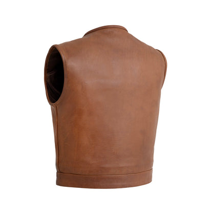 Men's Club Style Leather Motorcycle Vest- "Lowside" in Cognac