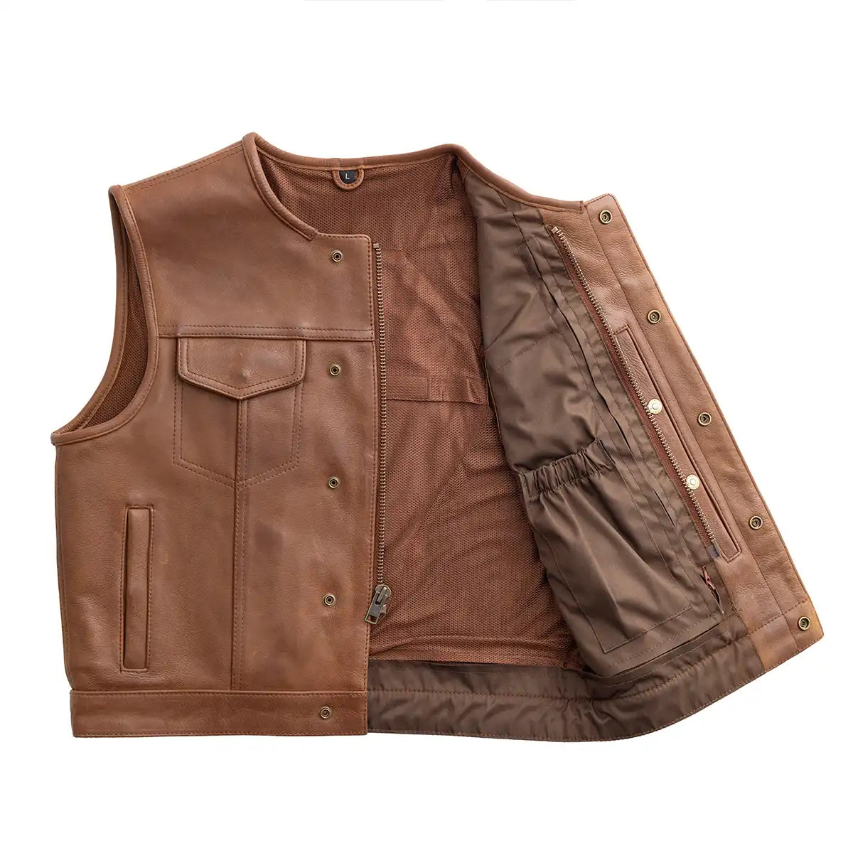 Men's Club Style Leather Motorcycle Vest- "Lowside" in Cognac
