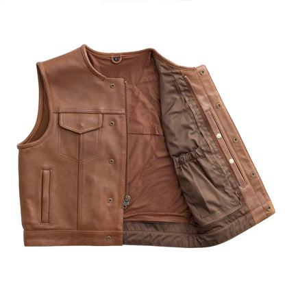 Men's Club Style Leather Motorcycle Vest- "Lowside" in Cognac
