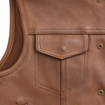 Men's Club Style Leather Motorcycle Vest- "Lowside" in Cognac