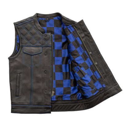 Men's Club Style Leather Motorcycle Vest- "Finish Line" with Blue Checker Lining