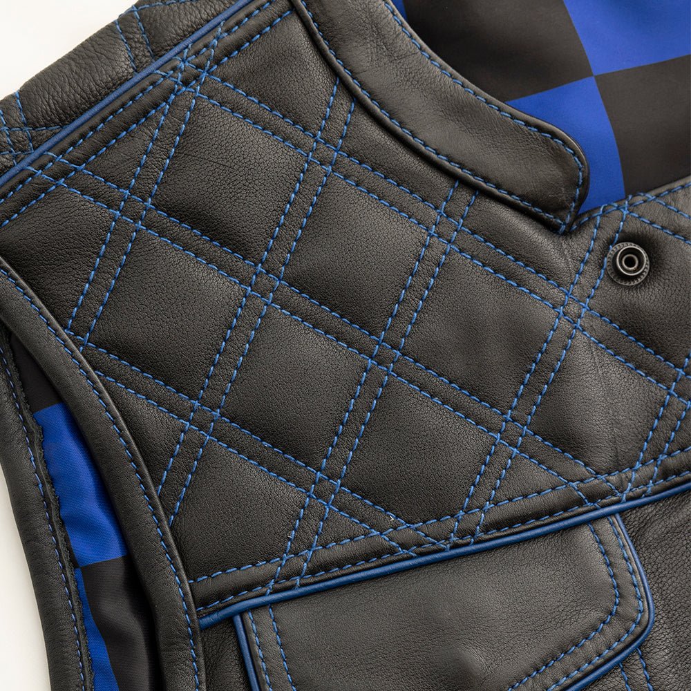Men's Club Style Leather Motorcycle Vest- "Finish Line" with Blue Checker Lining