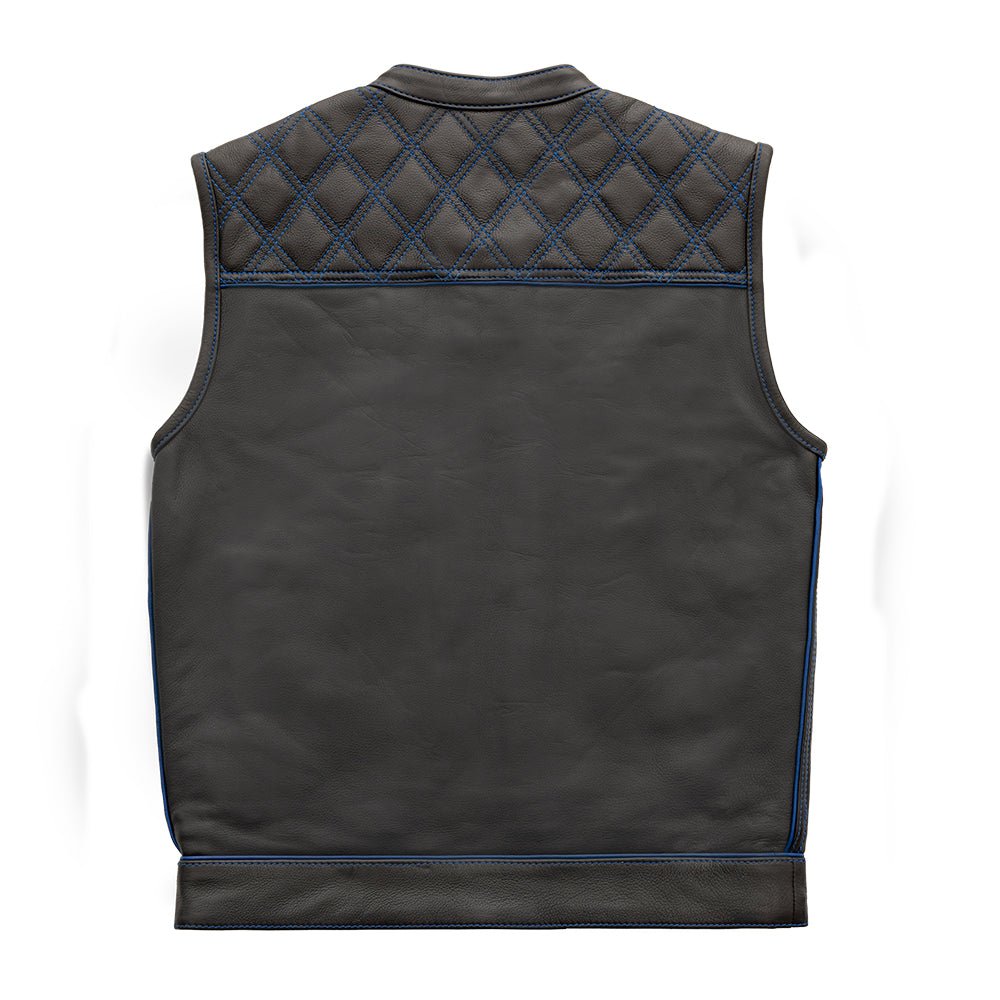 Men's Club Style Leather Motorcycle Vest- "Finish Line" with Blue Checker Lining