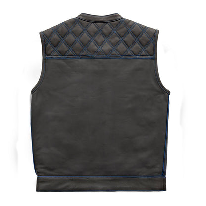 Men's Club Style Leather Motorcycle Vest- "Finish Line" with Blue Checker Lining