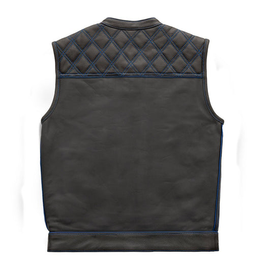 Men's Club Style Leather Motorcycle Vest- "Finish Line" with Blue Checker Lining