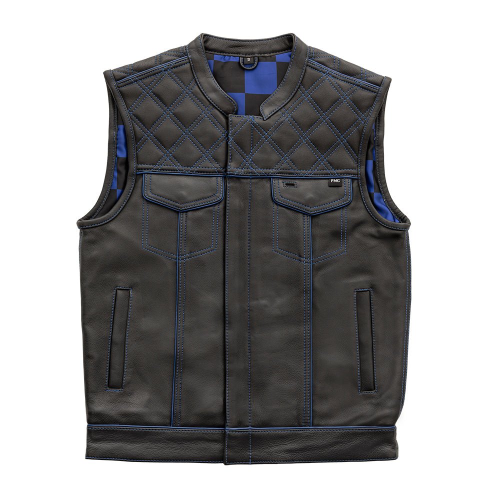 Men's Club Style Leather Motorcycle Vest- "Finish Line" with Blue Checker Lining