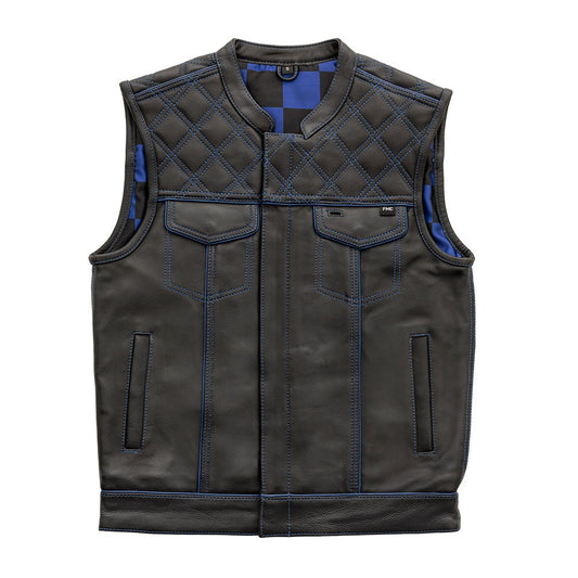 Men's Club Style Leather Motorcycle Vest- "Finish Line" with Blue Checker Lining