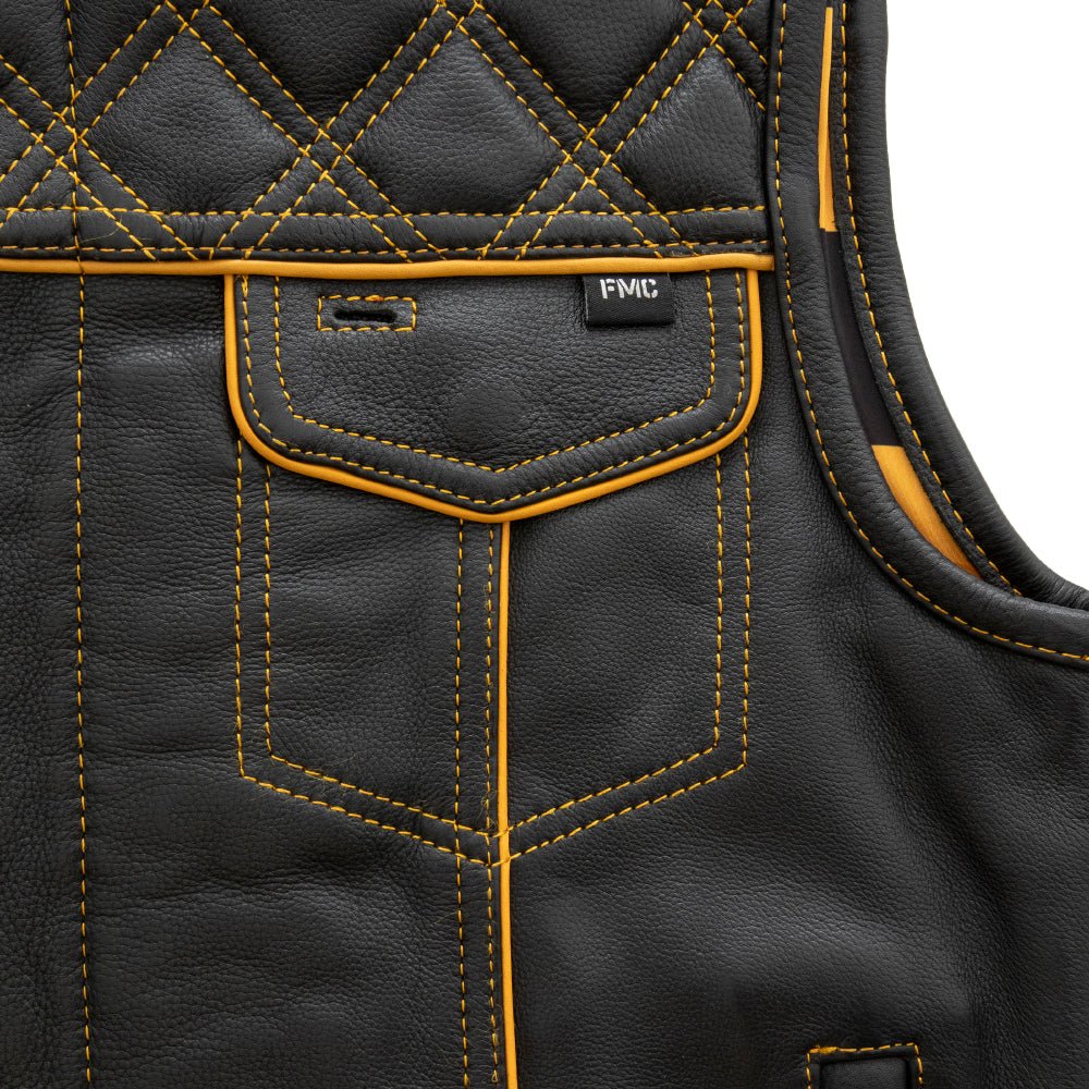 Men's Club Style Leather Motorcycle Vest- "Finish Line" with Gold Checker Lining