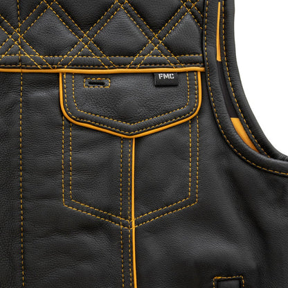 Men's Club Style Leather Motorcycle Vest- "Finish Line" with Gold Checker Lining