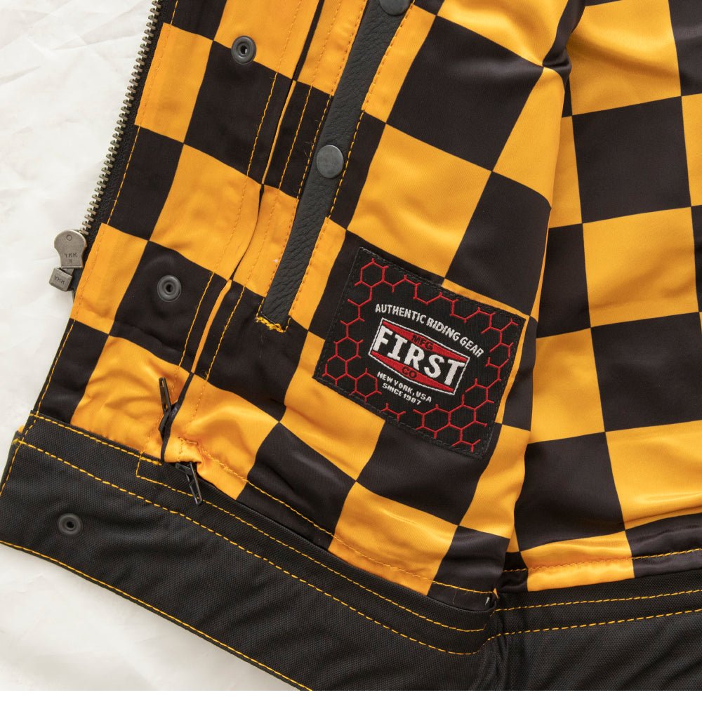 Men's Club Style Leather Motorcycle Vest- "Finish Line" with Gold Checker Lining