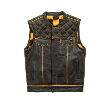 Men's Club Style Leather Motorcycle Vest- "Finish Line" with Gold Checker Lining