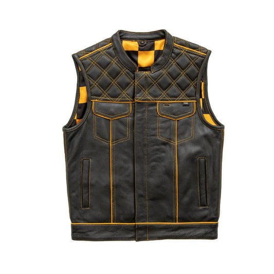 Men's Club Style Leather Motorcycle Vest- "Finish Line" with Gold Checker Lining