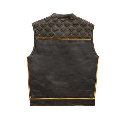 Men's Club Style Leather Motorcycle Vest- "Finish Line" with Gold Checker Lining