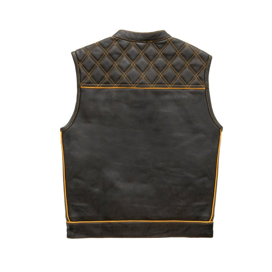 Men's Club Style Leather Motorcycle Vest- "Finish Line" with Gold Checker Lining