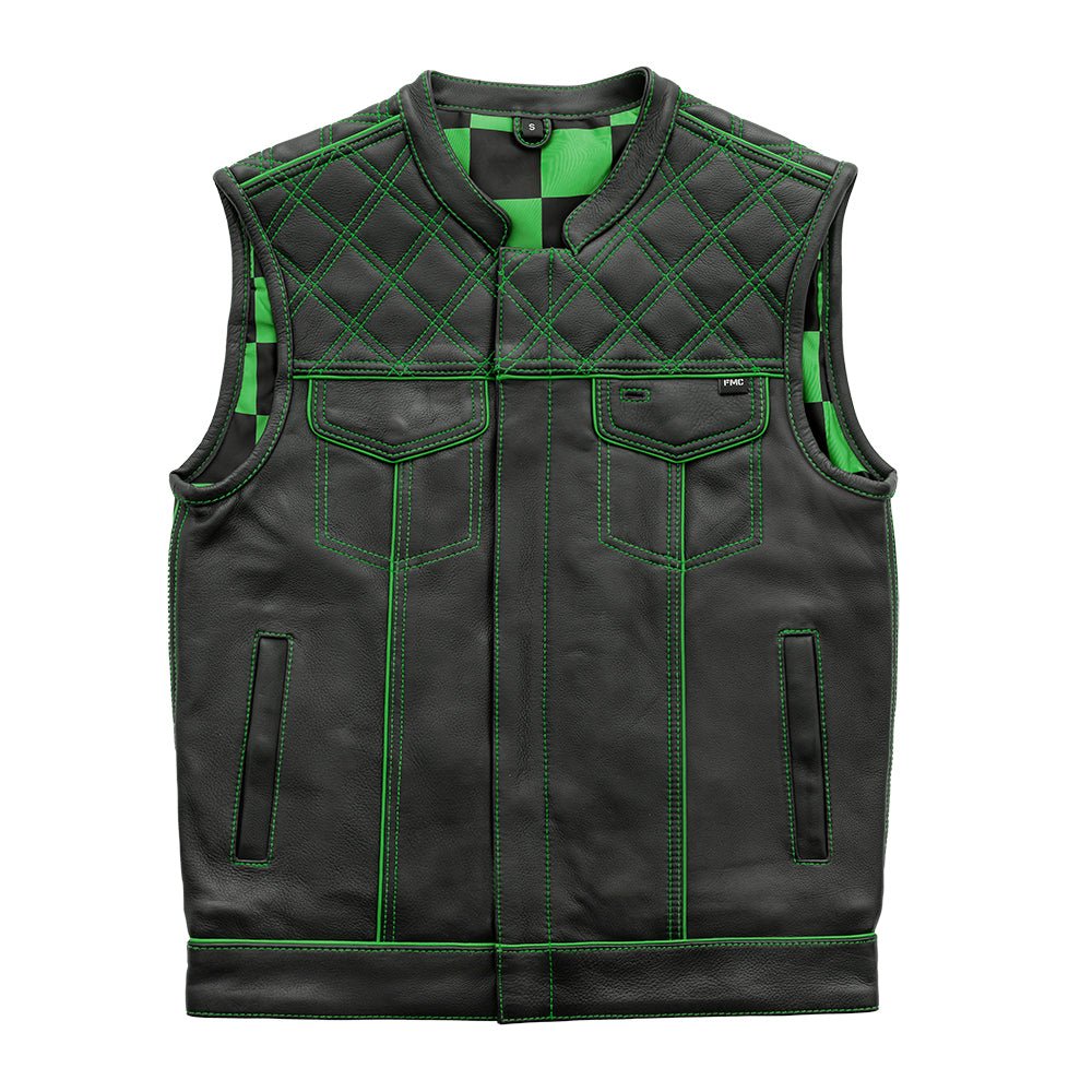 Men's Club Style Leather Motorcycle Vest- "Finish Line" Green Checker lining
