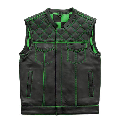 Men's Club Style Leather Motorcycle Vest- "Finish Line" Green Checker lining