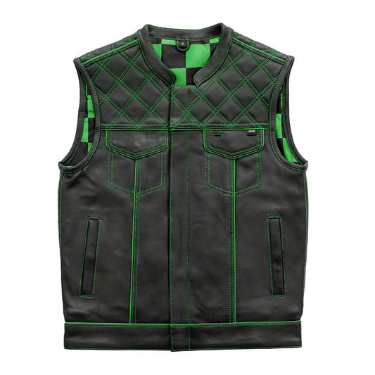 Men's Club Style Leather Motorcycle Vest- "Finish Line" Green Checker lining