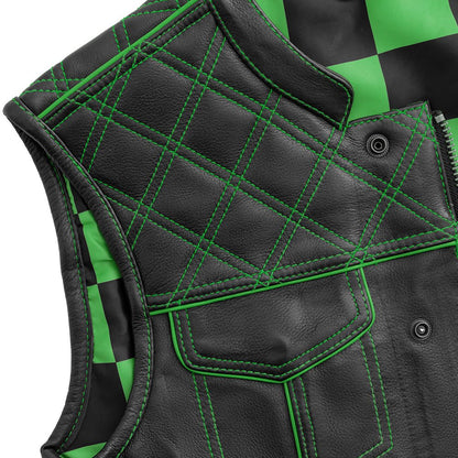 Men's Club Style Leather Motorcycle Vest- "Finish Line" Green Checker lining